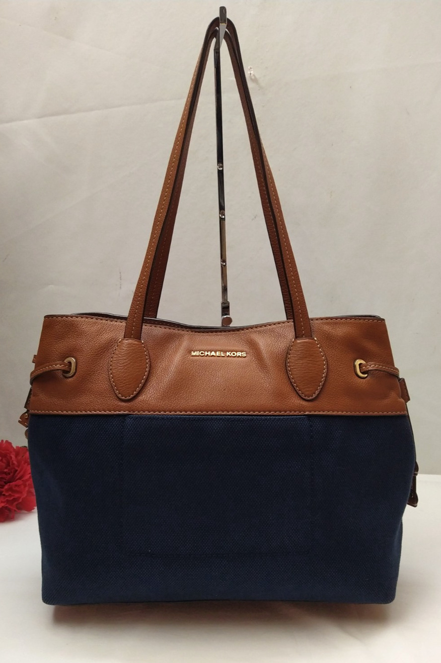 Michael Kors Blue Canvas Brown Leather Double Handles Tote Bag